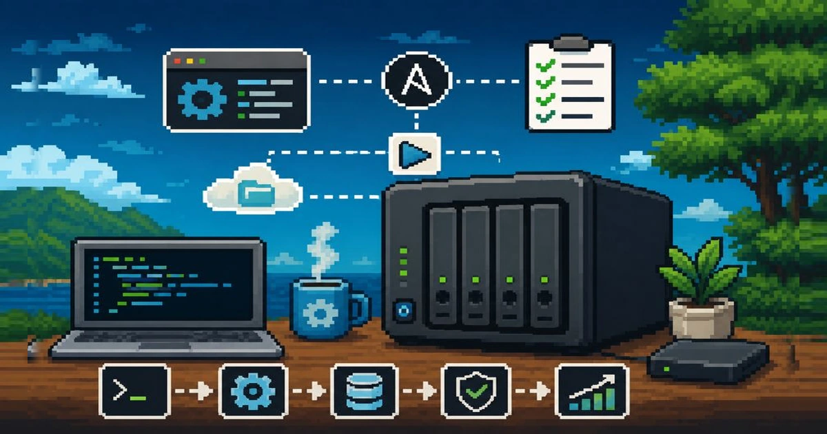 Pixel-art NAS and laptop illustrating an automated OpenMediaVault setup with Ansible.