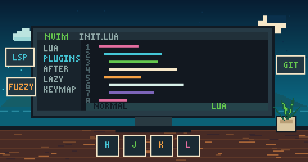 Pixel-art Neovim editor showing Lua configuration, plugins, and HJKL keys.